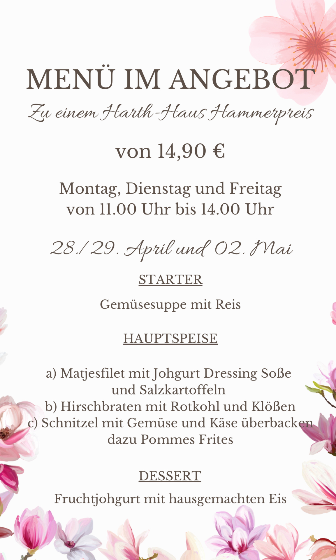 Menü im Angebot Menü im Angebot - Restaurant Harth-Haus