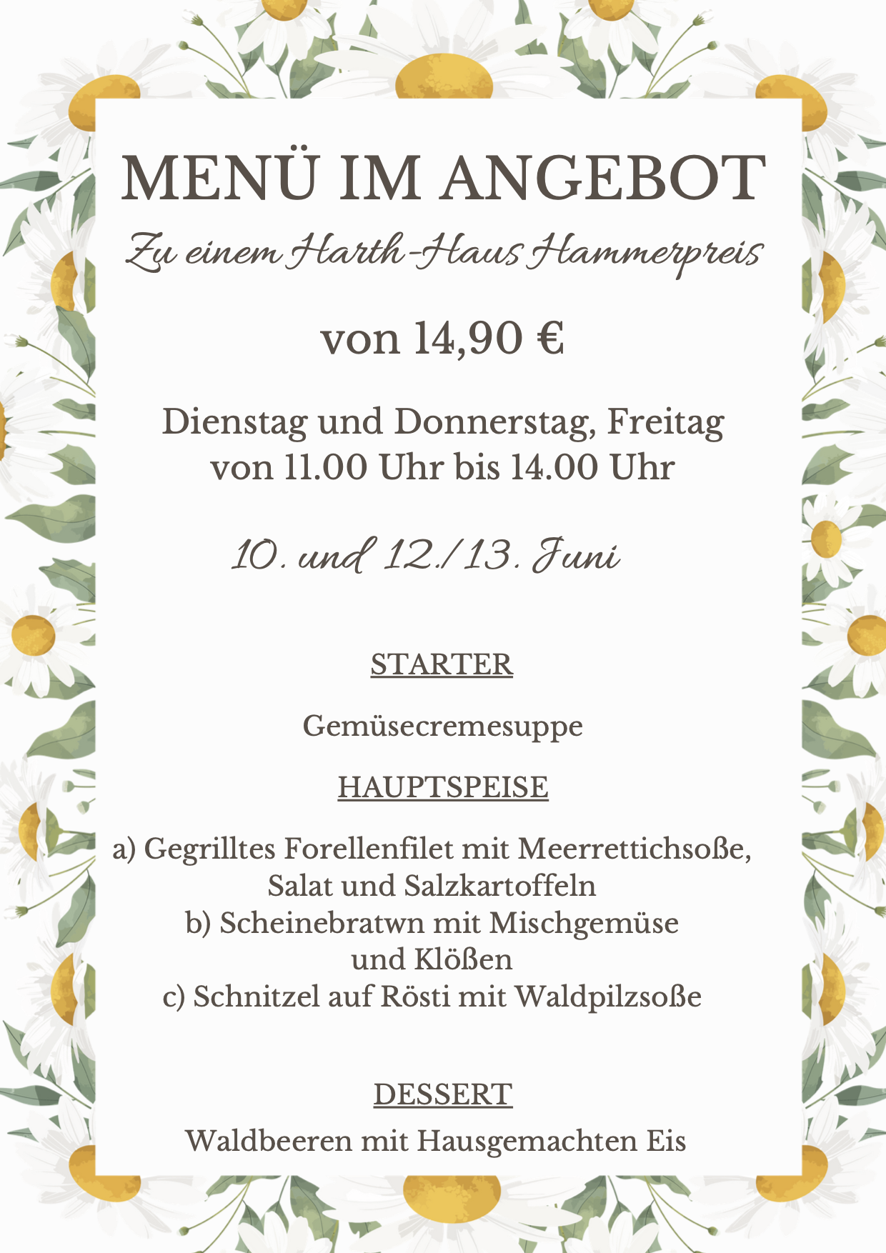 Menü im Angebot Menü im Angebot - Restaurant Harth-Haus