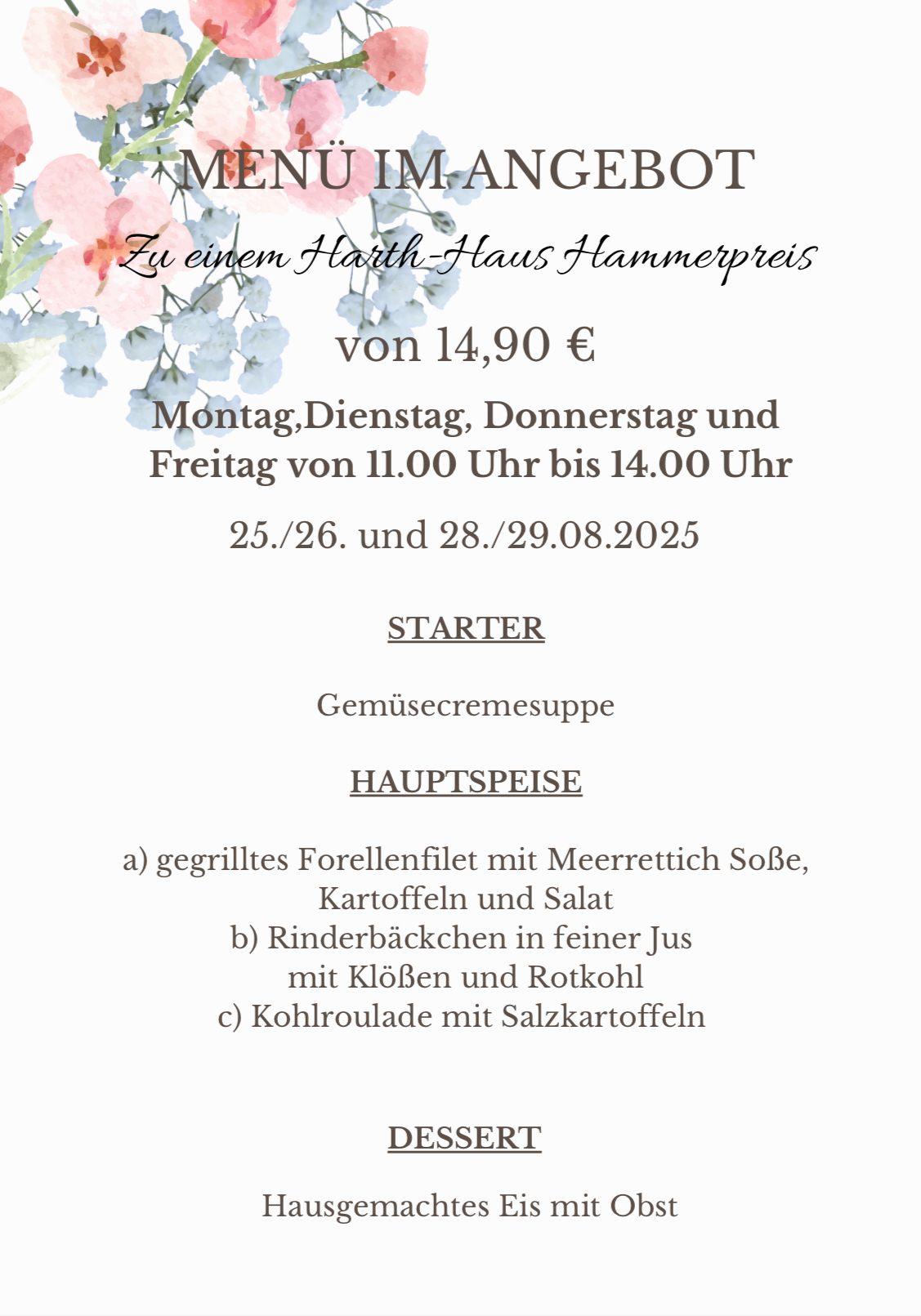 Menü im Angebot Menü im Angebot - Restaurant Harth-Haus